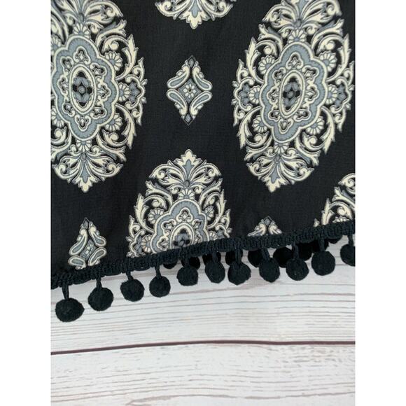 TALLY ANNE Blouse Womens small black print pom pom trim v-neck polyester top - Picture 5 of 5